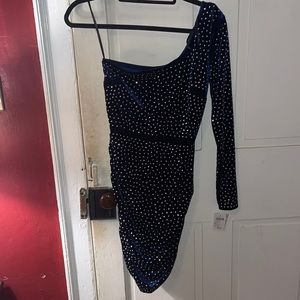 Royal blue bedazzled one sleeve velvet dress